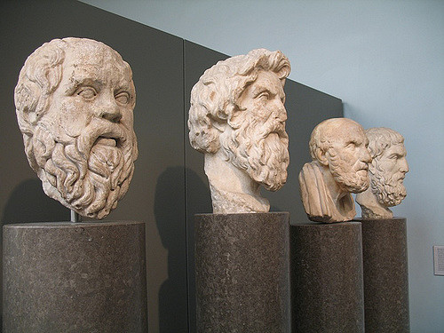 Greek philosophers from left to right: Sokrates; Roman copy of a lost Greek original of about 380-360 BC. Antisthenes, founder of the Cynic school of philosophy; Roman copy of a lost Greek original of the late 3rd or 2nd century BC; from near the Via Appia, Rome. Chrysippos; Roman copy of a lost Greek original or the late 3rd or 2nd century BC; Chrysippos developed the Stoic school of philosophy founded in Athens around 280 BC by Zeno. Epikouros, founder of the Epicurean school; Roman copy of a lost Greek original of the late 3rd or 2nd century BC; from near the Via Appia, Rome.