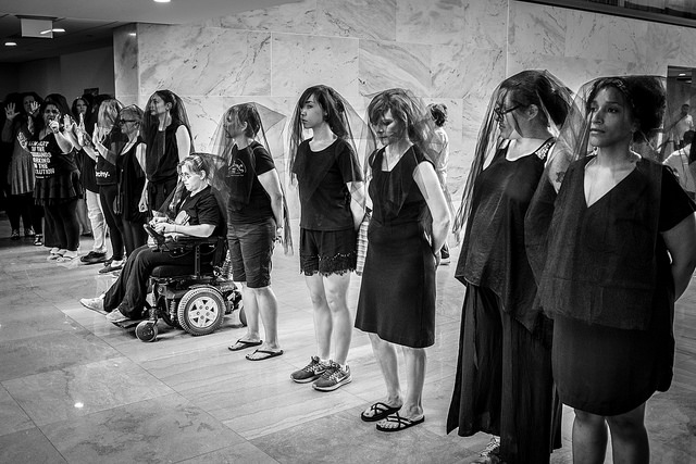 Supreme Protest Protesters after being asked to move by the Capitol Police. Women, many wearing black veils protesting the nomination of Brett Kavanaugh to the U.S. Supreme Court at the Hart Senate Office Building on Friday, September 7, 2018.