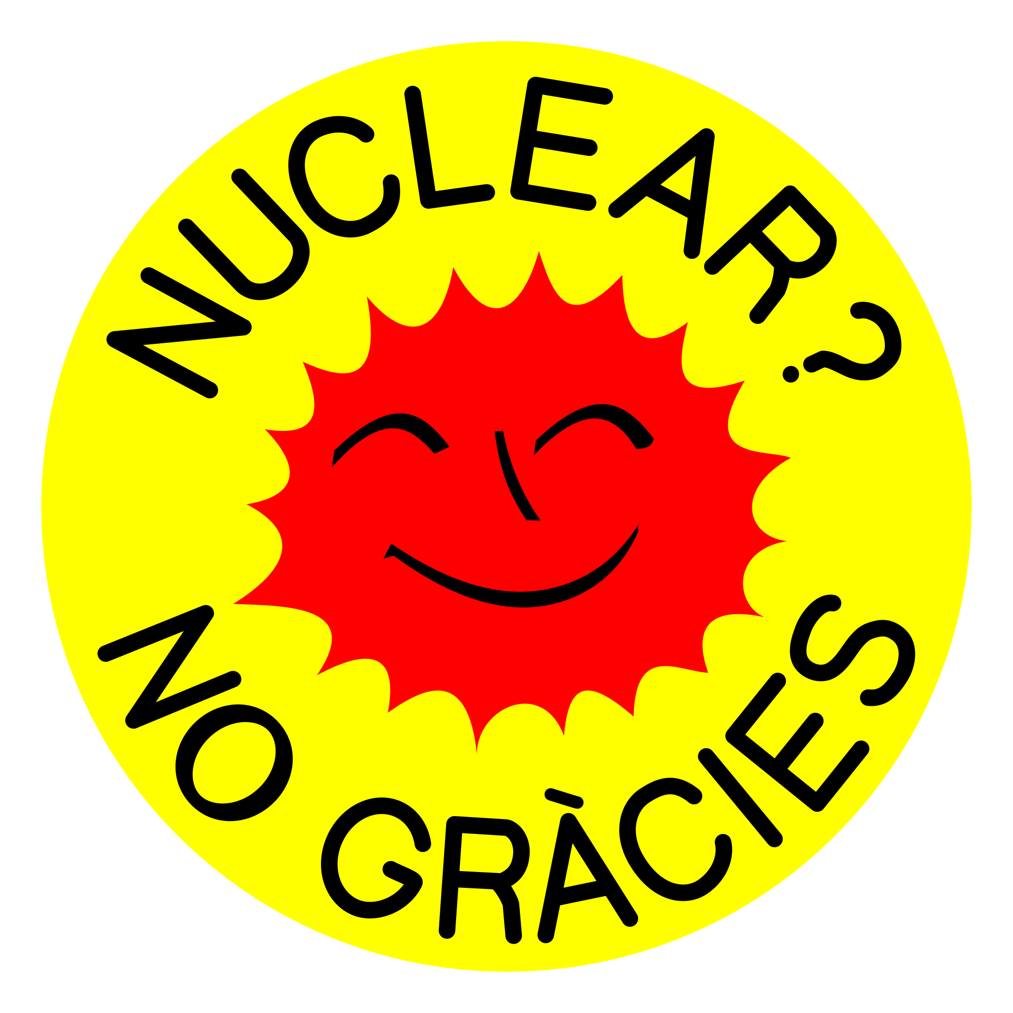 yellow sun with red face in center, words nuclear? no gracias appear in the yellow.