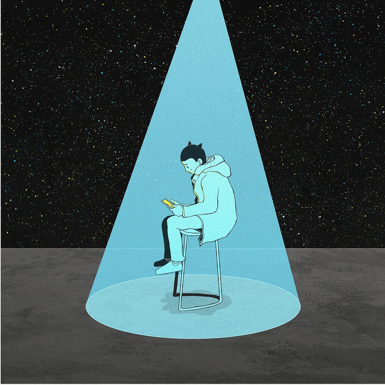 Cartoon of a man sat on a stool under a blue light staring at his phone. Behind him is a starry sky and flat, grey ground.
