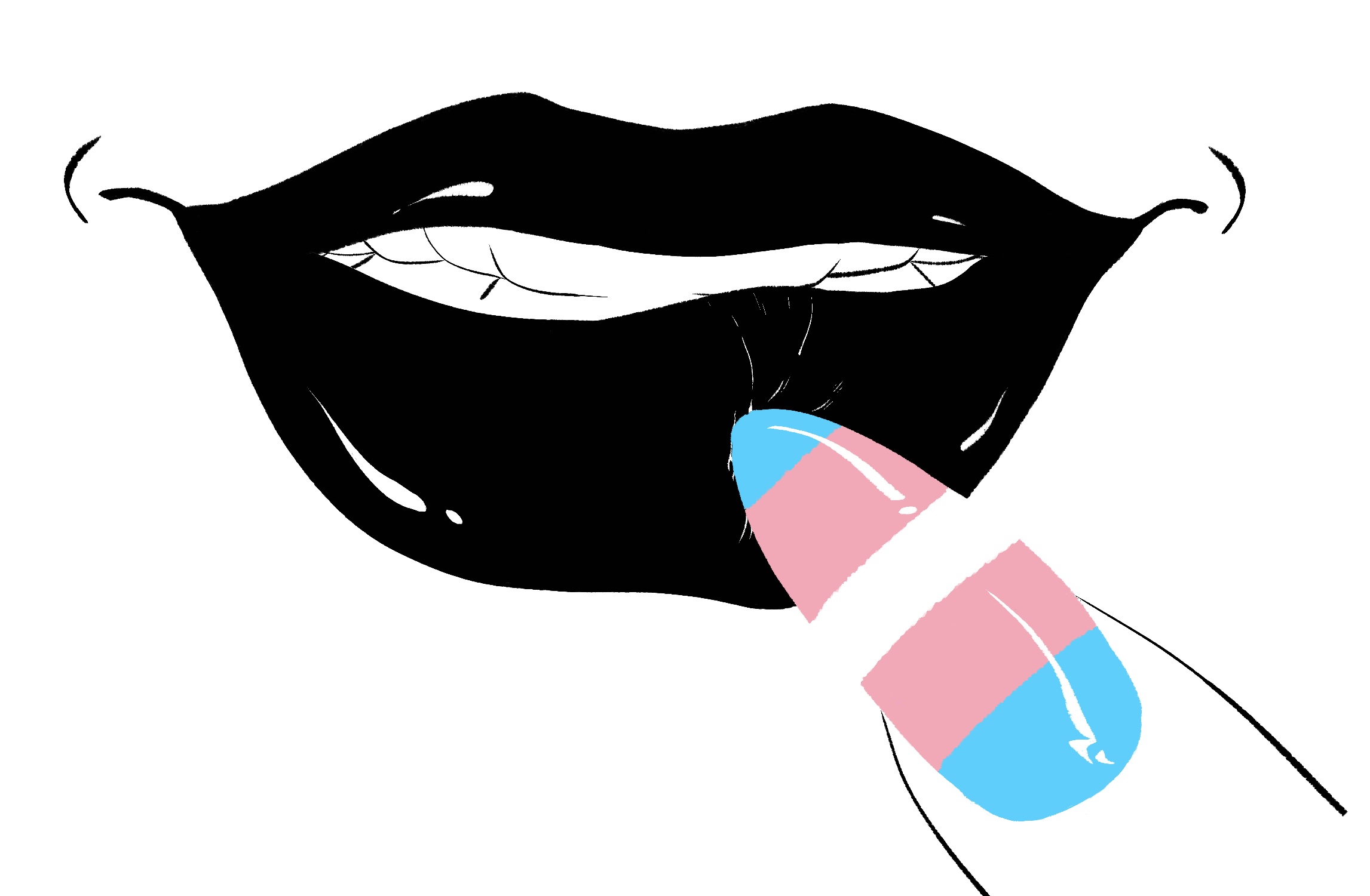 Black lips slightly parted with a nail with blue, pink and a white stripe.