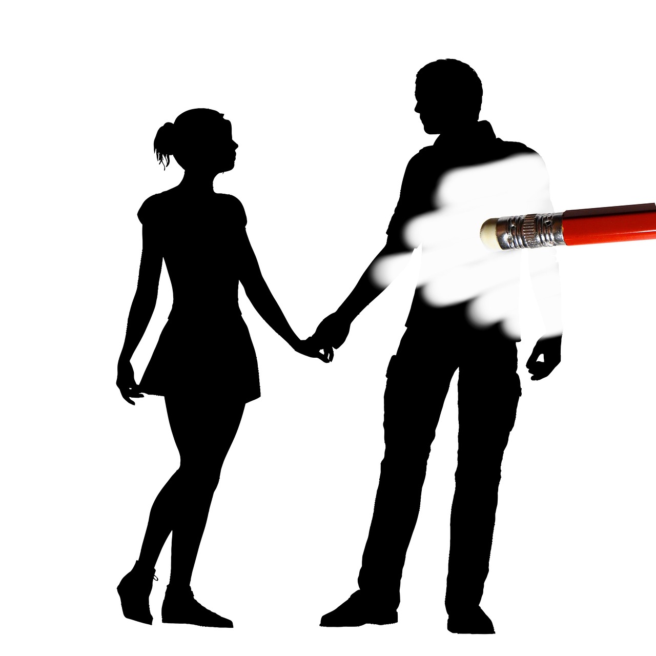 silhouette images of a woman and man with the man being erased by a pencil