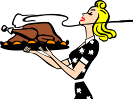 cartoon image of a woman in a dress carrying a roasted turkey