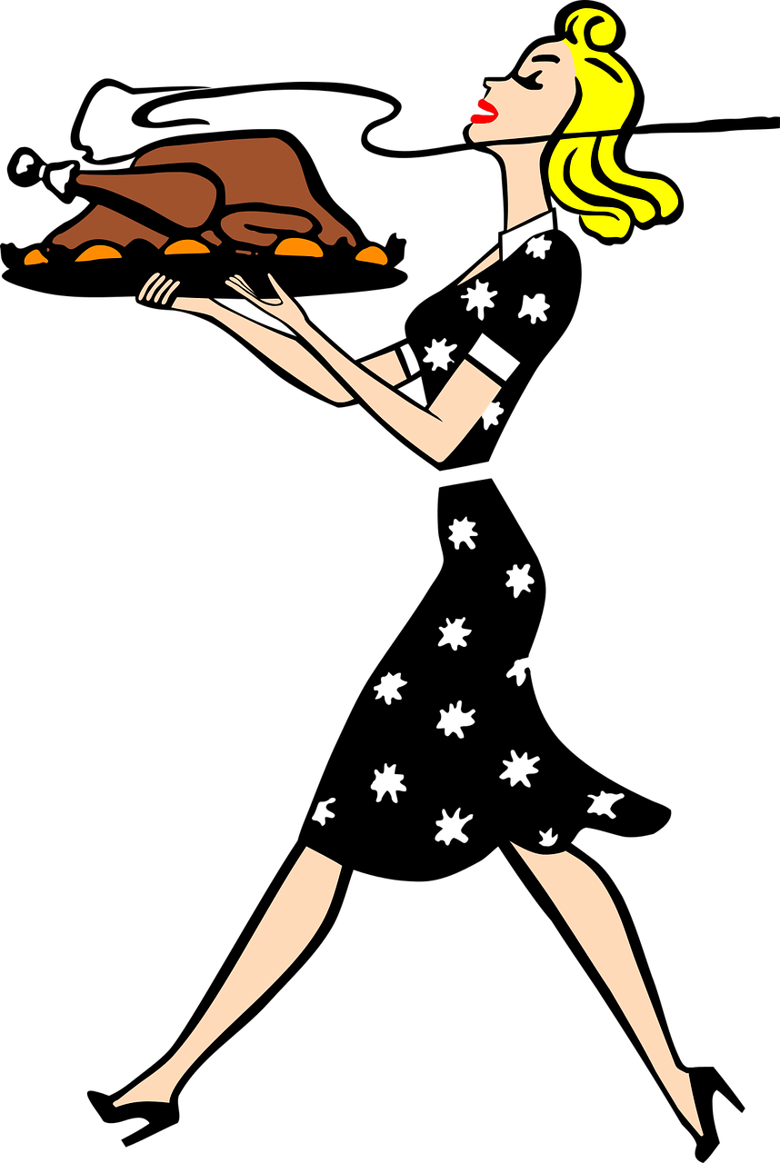 cartoon image of a woman in a dress carrying a roasted turkey