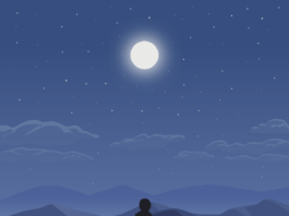 Cartoon of a person standing alone in the mountains, staring at the moon.