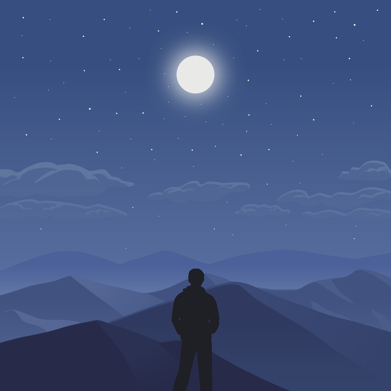 Cartoon of a person standing alone in the mountains, staring at the moon.