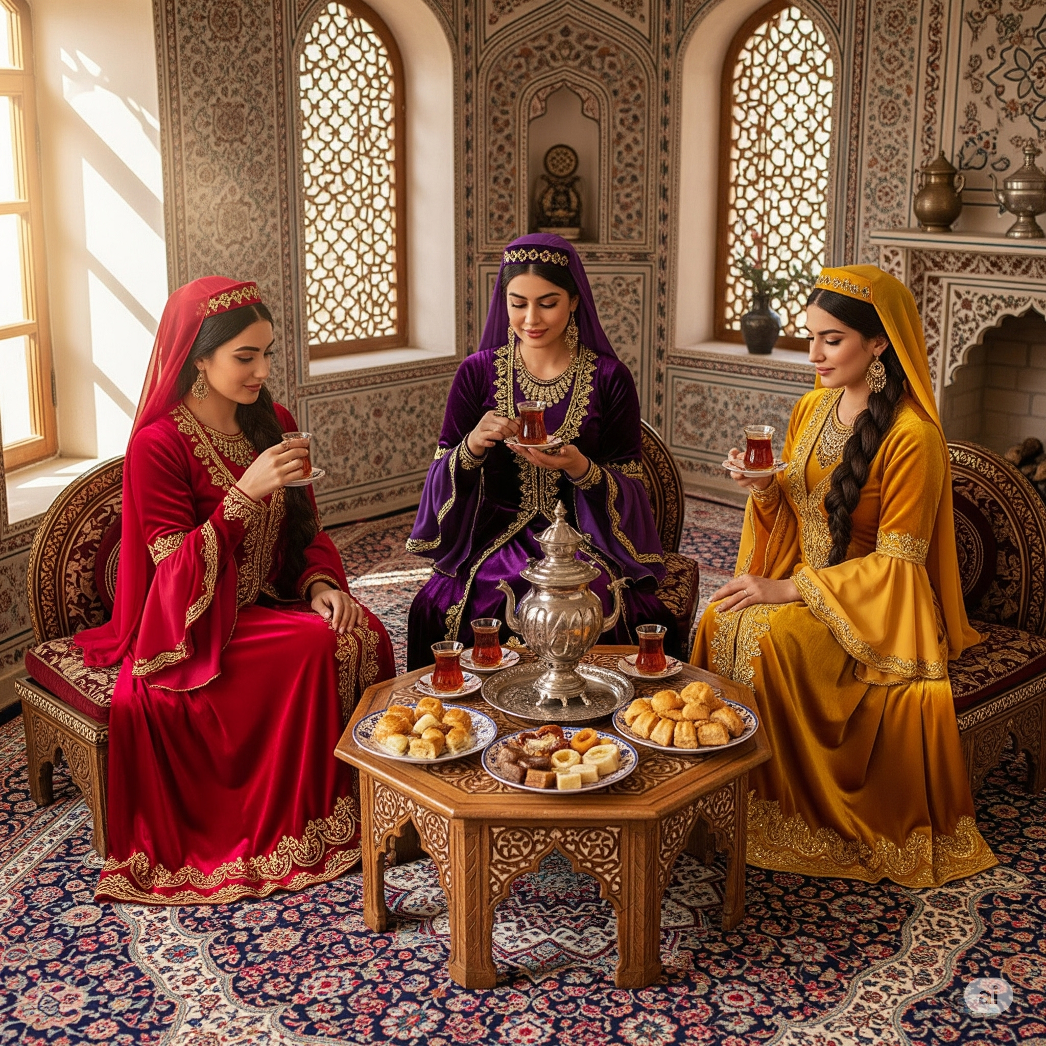 Azerbaijani Turk Women Drinking Tea in Traditional Clothing